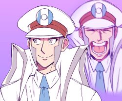  1boy blue_necktie closed_mouth coat collared_shirt commentary emmet_(pokemon) grey_eyes grey_hair hat high_collar highres looking_to_the_side male_focus multiple_views necktie open_clothes open_coat peaked_cap photo-referenced pokemon pokemon_bw purple_background rei_(esprei96) shirt shouting sidelocks smile split_mouth white_coat white_hat white_shirt 