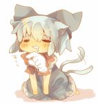  =_= animal_ears bad_id blue_dress bow cat_ears cat_tail chibi cirno dress drooling hair_bow kemonomimi_mode masirosu multiple_tails solo tail tail_wagging touhou 