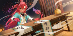  1boy aerial_fireworks arknights black_horns calligraphy_brush chinese_commentary chinese_new_year chromatic_aberration closed_mouth colored_extremities commentary_request fireworks green_eyes hair_between_eyes hair_intakes highres holding holding_calligraphy_brush holding_paintbrush horns incense jewelry layered_sleeves light_smile long_hair long_sleeves looking_at_viewer male_focus multicolored_hair necklace official_alternate_costume on_floor paintbrush partial_commentary purple_hair red_hair saltedfish-lle scroll short_over_long_sleeves short_sleeves sitting solo streaked_hair table urn white_horns wooden_floor wooden_table yu_(arknights) yu_(clear_morning_view)_(arknights) 