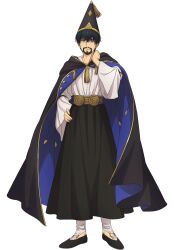  1boy artist_request black_hair black_shoes blue_eyes cape facial_hair full_body hat hat_tassel highres looking_at_viewer male_focus official_art olruggio_(tongari_boushi_no_atelier) shoes simple_background solo standing tassel tongari_boushi_no_atelier transparent_background 