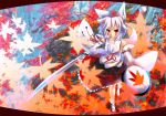  animal_ears detached_sleeves geta hat inubashiri_momiji kagemaro leaf maple_leaf orange_eyes red_eyes shield short_hair silver_hair solo sword tail tokin_hat touhou weapon white_hair wolf_ears wolf_tail 