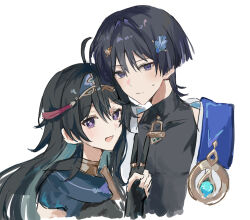  1boy 1girl absurdres ahoge aqua_hair black_bodysuit black_gloves black_hair blue_cape blue_gem blue_headband blue_scarf blunt_ends bodysuit cape choppy_bangs closed_mouth colored_inner_hair commentary_request covered_collarbone diamond-shaped_pupils diamond_(shape) eyeliner facial_mark gem genshin_impact gloves gold hair_ornament hand_up headband heads_together heart heart_hair_ornament height_difference highres japanese_clothes jewelry kimono korean_commentary light_blush long_hair looking_at_viewer makeup multicolored_hair neck_ring oc_x_canon open_clothes open_kimono open_mouth original partially_fingerless_gloves purple_hair red_eyeliner scaramouche_(genshin_impact) scarf shoulder_peek side_cape split_mouth star_(symbol) star_facial_mark streaked_hair sweatdrop symbol-shaped_pupils tsurime turtleneck turtleneck_bodysuit v violet_eyes vision_(genshin_impact) wanderer_(genshin_impact) white_background white_kimono xaiadestar 