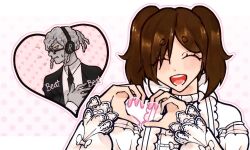  1girl ^_^ artist_self-insert black_necktie chance_(forsaken) clenched_teeth closed_eyes colored_skin dot_nose fluffy forsaken_(roblox) grey_hair grey_skin happy headphones heart heart_hands highres lolita_fashion long_sleeves noctis_(noctisecztasy) nose open_mouth polka_dot polka_dot_background roblox selfship shiro_lolita short_twintails sweat teeth thick_eyebrows tongue twintails upper_teeth yellow_eyes yumeship 