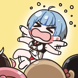  >_< 5girls ahoge amphitrite_(last_origin) black_hair blue_hair blush_stickers brown_hair chibi chibi_only clooliss closed_eyes commentary_request galatea_(last_origin) gradient_background grey_hair highres korean_commentary last_origin melite_(last_origin) military_uniform multicolored_hair multiple_girls naval_uniform necktie nerites_(last_origin) one_side_up panties pink_hair salacia_(last_origin) short_hair sleeveless tantrum two-tone_hair underwear 