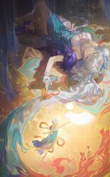  1girl absurdres aqua_nails bad_feet between_fingers bridal_gauntlets chinese_commentary commentary_request dress high_heel_sandals highres holding holding_ofuda honkai:_star_rail honkai_(series) jewelry long_hair lying ming_zhentan_allk multicolored_eyes multicolored_hair multiple_rings multiple_views nail_polish ofuda ofuda_between_fingers on_back peacock_feathers_hair_ornament ring sandals second-party_source very_long_hair white_bridal_gauntlets yao_guang_(honkai:_star_rail) 