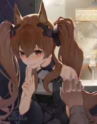  1boy 2girls absurdres angelina_(arknights) animal_ear_fluff animal_ears arknights arknights:_endfield bar_(place) bar_stool bare_shoulders bird_ears bird_girl black_hair breasts brown_hair coat diamond-shaped_pupils diamond_(shape) double-parted_bangs dress endfield_industries_logo endministrator_(arknights) finger_to_mouth fox_ears fox_girl gilberta_(arknights) grey_dress grin hair_between_eyes headpiece hetero high_collar highres holding_hands impossible_clothes impossible_dress indoors light_frown long_hair looking_at_another looking_at_viewer male_endministrator_(arknights) medium_breasts multiple_girls no_coat no_gloves no_mask perlica_(arknights) pink_lips pov pov_hands red_coat reflection shushing sitting sleeveless sleeveless_dress smile stool symbol-shaped_pupils twintails white_dress white_hair xubkos 