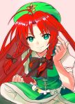  bad_id bow braid chirosuke clenched_hand fighting_stance fist green_eyes hair_bow hat hong_meiling leg_up long_hair pose red_hair redhead smile solo touhou twin_braids 