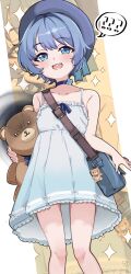  1girl ? ?? absurdres bag blue_choker blue_eyes blue_hair blue_hat child choker collarbone commentary dress flower_choker goddess_of_victory:_nikke gradient_clothes gradient_dress hat highres jane_(nikke) light_blush oi_tie open_mouth short_hair sidelocks smile solo spoken_question_mark standing stuffed_animal stuffed_toy sundress teddy_bear white_dress 