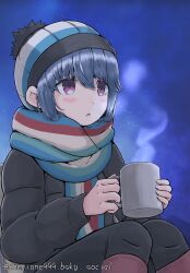  1girl beanie black_hat black_jacket black_pants blue_hair blue_hat blue_scarf bluesky_username blush boots brown_boots brown_hat brown_scarf camping_chair chair cherione999 cup down_jacket folding_chair green_scarf hat highres holding holding_cup jacket knee_boots mug multicolored_hat multicolored_scarf night open_mouth outdoors pants pom_pom_(clothes) pom_pom_beanie red_scarf scarf shima_rin sitting sky solo star_(sky) starry_sky striped_clothes striped_hat striped_scarf violet_eyes yurucamp 