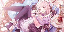  1girl :p ankle_cuffs black_pantyhose cake commentary couch cupcake dress food frilled_dress frills highres hugging_object kanon_25ji looking_at_viewer lying on_back on_couch one_eye_closed original pantyhose pillow pillow_hug pink_eyes pink_hair plate purple_sleeves shoes solo table tongue tongue_out untranslatable_commentary 