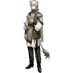  1boy animal_ears arknights arm_at_side bag belt black_horns black_pants black_shoes blonde_hair book calligraphy_brush cape chinese_clothes clothing_request dog_ears expressionless green_eyes hair_between_eyes hand_up high_collar holding holding_book holding_pen horns jiuri_jiuhao layered_sleeves long_sleeves medium_hair official_art paintbrush pants pen puffy_sleeves record_keeper_(arknights) scabbard sheath shirt shoes short_over_long_sleeves short_sleeves shoulder_bag single_horn small_horns solo sword tachi-e tail third-party_source transparent_background weapon white_shirt 