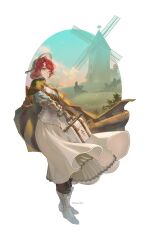  2girls acsuck black_pants blue_eyes blue_shirt blue_sky boots cape clouds cloudy_sky club_(weapon) commentary full_body gauntlets green_cape grin hat highres hill holding holding_suitcase long_skirt marsha_(reverse:1999) multiple_girls oval pants pants_under_skirt red_hair reverse:1999 rod_of_asclepius sentinel_(reverse:1999) shirt short_hair shoulder_belt skirt sky smile solo_focus suitcase tree twintails weapon white_background white_boots white_hat white_skirt windmill 