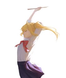  1girl absurdres arms_up artist_name black_skirt blonde_hair bocchi_the_rock! bow bowtie cloel closed_eyes commentary cowboy_shot cyansanu drumsticks english_commentary film_grain from_side highres holding holding_drumsticks ijichi_nijika long_hair long_sleeves polka_dot polka_dot_bow polka_dot_bowtie profile red_bow red_bowtie school_uniform shimokitazawa_high_school_uniform shirt side_ponytail sideways_mouth signature simple_background skirt solo standing stretching watermark white_background white_shirt 