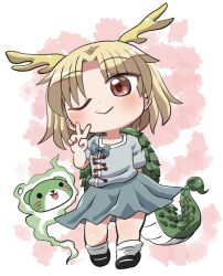  1girl ;> antlers black_shoes blonde_hair blue_shirt blue_skirt blush chibi chibi_only closed_mouth commentary_request dot_nose dragon_girl dragon_horns dragon_tail full_body fur-tipped_tail hand_up highres horns kicchou_yachie looking_at_viewer one_eye_closed otter_spirit_(touhou) parted_bangs pleated_skirt red_eyes rokugou_daisuke shirt shoes short_hair short_sleeves signature skirt smile socks solo square_neckline standing tail touhou turtle_shell v white_socks yellow_horns 