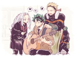  1girl 2boys absurdres acoustic_guitar bakugou_katsuki black_necktie black_pants black_serafuku black_skirt boku_no_hero_academia bow bowtie brown_sweater bwzb64761 chair closed_mouth collared_shirt eri_(boku_no_hero_academia) eye_mask guitar highres holding holding_plectrum horns instrument long_hair mask mask_on_head midoriya_izuku multiple_boys multiple_scars music necktie on_chair pants playing_guitar playing_instrument plectrum red_bow red_bowtie scar scar_on_arm scar_on_face scar_on_hand school_uniform serafuku shirt single_horn sitting skirt spoken_squiggle spoken_x squiggle standing superhero_costume sweater white_shirt 