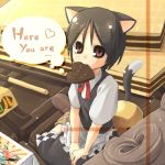  brown_eyes brown_hair cat_ears cat_tail chocolate english fuji-k heart lowres mouth_hold original short_hair solo tail 