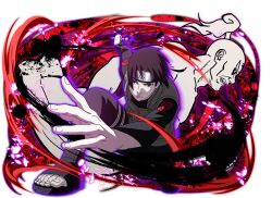  1boy black_boots black_hair black_jacket black_pants boots flak_jacket forehead_protector green_jacket holding holding_paintbrush jacket konohagakure_shinobi_uniform looking_at_viewer naruto_(series) naruto_shippuuden naruto_shippuuden:_ultimate_ninja_blazing official_art open-toe_boots paintbrush pale_skin pants sai_(naruto) solo squatting 