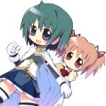  blue_eyes blue_hair cape chibi gloves hair_ribbon kaname_madoka kanibasami magical_girl mahou_shoujo_madoka_magica miki_sayaka multiple_girls pink_eyes pink_hair protect protecting ribbon school_uniform short_hair skirt thigh-highs thighhighs twintails zettai_ryouiki 