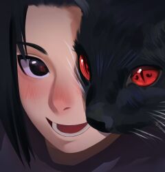  1boy ai-generated_art_(topic) ai_drawing_cat_in_front_of_eye_(meme) black_cat black_eyes black_hair black_shirt cat looking_at_viewer lower_teeth_only meme naruto_(classic) naruto_(series) open_mouth red_eyes shirt short_hair slit_pupils suika_suigetsu teeth uchiha_sasuke 
