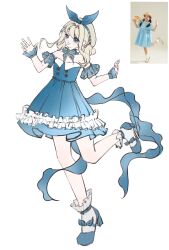  1girl absurdres back_ribbon bare_shoulders beret blonde_hair blue_bow blue_bowtie blue_choker blue_dress blue_eyes blue_ribbon blue_shoes blue_sleeves blue_wrist_cuffs bow bow_choker bowtie brooch bubbly_voyage_(infinity_nikki) buttons choker detached_sleeves dot_nose dress footwear_bow frilled_dress frilled_sleeves frilled_socks frilled_wrist_cuffs frills full_body hair_intakes hair_rings happy hat hat_bow high_heels highres infinity_nikki jewelry leg_up light_blush luobujing nikki_(series) open_mouth photo-referenced pleated_dress reference_inset ribbon ribbon-trimmed_dress ribbon_trim see-through_clothes see-through_sleeves shoes short_dress short_hair_with_long_locks short_sleeves sidelocks simple_background smile socks solo standing standing_on_one_leg strapless strapless_dress striped_bow striped_bowtie striped_clothes white_background white_hat white_socks wrist_cuffs 