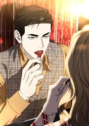  225mm 2boys absurdres applying_lipstick applying_makeup black_hair blonde_hair brown_eyes brown_shirt commentary_request different_reflection highres kinky_boots_(musical) korean_commentary lola_(kinky_boots) long_hair male_focus multiple_boys open_mouth original plaid_clothes plaid_vest reflection shirt vest 