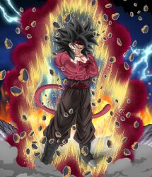  1boy bardock bardock_(xeno) black_hair commentary_request cross_scar dragon_ball dragon_ball_heroes headband highres male_focus monkey_boy monkey_tail muscular muscular_male ryocchimen0508 saiyan scar scar_on_cheek scar_on_face simple_background spiky_hair super_saiyan super_saiyan_4 tail wristband 