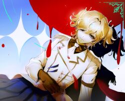  1girl arm_at_side black_shirt blonde_hair blood blood_on_clothes blue_background blue_skirt bright_pupils brown_gloves buttons closed_mouth collared_shirt commentary cowboy_shot daiba_nana double-breasted drop_shadow dutch_angle english_commentary gloves gradient_background green_eyes green_ribbon hair_between_eyes hair_ribbon hand_on_own_stomach highres jacket long_sleeves looking_at_self looking_down necktie pleated_skirt ribbon sanoon shirt short_hair short_twintails shoujo_kageki_revue_starlight skirt solo sparkle_background twintails untranslatable_commentary white_jacket white_necktie white_pupils 