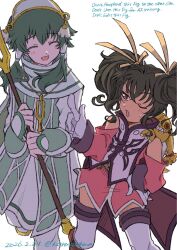  1boy 1girl anise_tatlin bare_shoulders black_hair boots brown_eyes closed_eyes commentary_request dress feet_out_of_frame gloves green_hair hair_ribbon hairband highres holding holding_staff ion_(tales) kurusu4ma light_blush long_hair long_sleeves looking_at_another one_eye_closed open_mouth pink_dress ribbon robe short_hair_with_long_locks sidelocks simple_background staff sweatdrop tabard tales_of_(series) tales_of_the_abyss thigh_boots tokunaga_(tales) twintails white_background white_boots white_gloves white_tabard yellow_ribbon 
