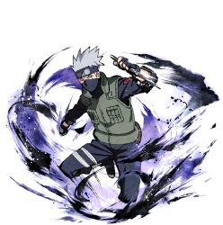  1boy black_boots black_coat black_gloves black_mask black_pants boots coat fingerless_gloves flak_jacket forehead_protector full_body gloves green_jacket grey_hair hatake_kakashi holding holding_kunai holding_weapon jacket konohagakure_shinobi_uniform kunai looking_at_viewer mask mouth_mask naruto_(series) naruto_shippuuden naruto_shippuuden:_ultimate_ninja_blazing official_art one_eye_closed open-toe_boots pants scar scar_across_eye scar_on_face short_hair solo weapon 