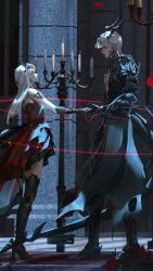  1boy 1girl absurdres armor asymmetrical_dress asymmetrical_legwear bare_shoulders black_armor black_gloves black_pants chinese_commentary closed_mouth commentary_request dragon_horns dress earrings gei_wo_kao_baomi gloves hair_ornament hairclip high_heels highres holding_hands horns jewelry long_hair love_and_deepspace multiple_views official_alternate_costume official_alternate_hair_color pants protagonist_(love_and_deepspace) red_dress red_eyes short_hair sylus_(love_and_deepspace) white_hair 