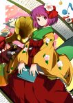  book bow cherry_blossoms cup dress drink flower hair_flower hair_ornament hairpin hakama hieda_no_akyuu japanese_clothes musical_note no~ma phonograph purple_eyes purple_hair record red_dress ribbon scroll short_hair smile solo tea_kettle teacup teapot touhou violet_eyes 