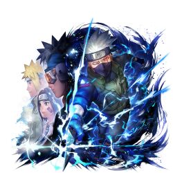  1girl 3boys black_gloves black_hair black_jacket black_mask black_pants blonde_hair blue_eyes brown_hair flak_jacket forehead_protector gloves goggles goggles_on_head green_jacket grey_hair hatake_kakashi holding holding_kunai holding_weapon jacket konohagakure_shinobi_uniform konohagakure_symbol kunai looking_at_viewer mask mouth_mask multiple_boys namikaze_minato naruto_(series) naruto_shippuuden:_ultimate_ninja_blazing nohara_rin official_art one_eye_closed orange-tinted_eyewear pants red_eyes scar scar_across_eye scar_on_face tinted_eyewear uchiha_obito weapon 
