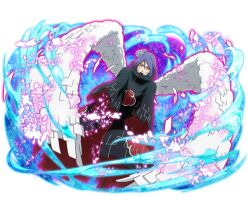  1girl akatsuki_uniform black_coat brown_eyes coat konan_(naruto) looking_at_viewer naruto_(series) naruto_shippuuden naruto_shippuuden:_ultimate_ninja_blazing official_art paper print_coat purple_hair short_hair solo white_wings wings 