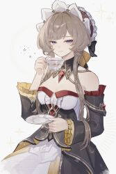  1girl black_collar black_dress black_sleeves blue_eyes bonnet brown_hair closed_mouth collar cup detached_collar dress frilled_sleeves frills gem genshin_impact hand_up highres holding holding_cup holding_saucer long_hair long_sleeves looking_at_viewer red_gem sandrone_(genshin_impact) saucer simple_background solo sparkle sparkling_aura strapless strapless_dress suwa_(swk_kkk) teacup watermark white_background 