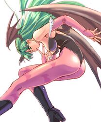  armpit ass boots breasts bridal_gauntlets capcom darkstalkers demon_girl green_eyes green_hair head_wings legs leotard long_hair long_legs morrigan_aensland pantyhose simple_background succubus thighs vampire_(game) wings 