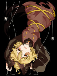 1girl aomurasaki_r black_background black_bow black_shirt blonde_hair bow brown_dress bug buttons character_name collared_shirt commentary dress frilled_bow frills hair_bow highres kurodani_yamame long_sleeves medium_hair pinafore_dress reversed shirt sleeveless sleeveless_dress solo spider string touhou twitter_username yellow_eyes 