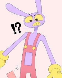  !? 1boy absurdres artist_name buttons clenched_teeth clothing_cutout colored_sclera colored_teeth commentary cowboy_shot furrowed_brow furry furry_male gloves gold_buttons highres jax_(the_amazing_digital_circus) looking_down male_focus meru_(mer_milky77) outline overalls pink_background pocket purple_fur rabbit_boy simple_background solo standing surprised sweatdrop teeth the_amazing_digital_circus twitter_username v-shaped_eyebrows wardrobe_malfunction white_outline wide-eyed yellow_gloves yellow_sclera yellow_teeth 