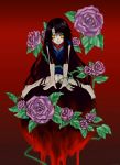  barefoot beatrice_(wild_arms) beatrice_(wild_arms_3) black_hair blood creepy flower kneeling kokutou_eiri leaf long_hair moon pale_skin payot purple_rose red_background rose simple_background skirt smile solo thorns very_long_hair wild_arms wild_arms_3 yellow_eyes 