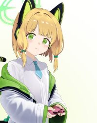  absurdres animal_ears bimo_(bimo_koa) blonde_hair blue_archive commentary_request controller down_jacket fake_animal_ears fake_tail game_controller game_development_department_(blue_archive) green_eyes halo highres hood hooded_jacket jacket midori_(blue_archive) petite shirt short_hair tail white_shirt 