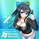  black_eyes black_hair breasts cleavage gradient_eyes hair_ribbon hand_on_hip hips madobe_mutsumi memory microsoft mole navel os ponytail ribbon shimoogawa solo vista 