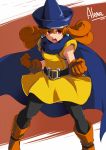  alena_(dq4) angry black_legwear boots cape character_name curly_hair dragon_quest dragon_quest_iv dress earrings gloves hat jewelry long_hair no~ma open_mouth orange_hair pantyhose red_eyes simple_background skirt solo witch_hat yellow_dress 