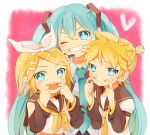  aqua_hair bad_id blonde_hair blue21 detached_sleeves face fang grin hair_ornament hair_ribbon hairclip hatsune_miku headphones headset kagamine_len kagamine_rin long_hair necktie open_mouth ribbon sailor_collar smile sweatdrop twintails very_long_hair vocaloid wink 