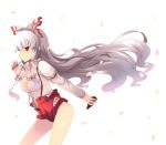  1girl bare_legs bottle bow breasts comic drink floating_hair fujiwara_no_mokou hair_bow hair_ribbon impossible_clothes impossible_clothing impossible_shirt long_hair mouth_hold pen petals profile red_eyes ribbon shin_(new) shirt shorts simple_background solo suspenders touhou very_long_hair wavy_hair white_hair 