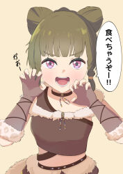  1girl :d blunt_bangs braid braided_sidelocks breasts brown_gloves brown_hair brown_shirt commentary cone_hair_bun double_bun elbow_gloves fingerless_gloves fur-trimmed_gloves fur_trim gao gloves hair_bun highres kachimachi_kosuzu link!_like!_love_live! long_hair looking_at_viewer love_live! medium_breasts midriff open_mouth pink_eyes pochieese shirt simple_background smile solo speech_bubble teeth translation_request upper_body v-shaped_eyebrows virtual_youtuber yellow_background 