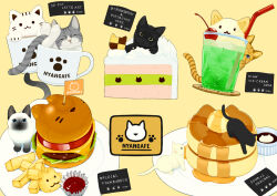  :3 animal animal-themed_food baby_animal burger cake cake_slice cat checkerboard_cookie cherry closed_eyes coaster coffee_mug colorpoint_(pattern) commentary_request cookie cup drinking_glass drinking_straw english_text food french_fries fruit highball_glass ice_cream icing in_container in_cup ketchup kitten latte_art lilac_(p-f_easy) mini_flag mug no_humans on_food on_plate original pancake plate simple_background souffle_pancake syrup tabby_cat toothpick yellow_background 