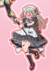  1girl animal_bag apron bear_bag black_boots black_dress blush boots chain circular_saw commentary_request corin_wickes crying darknesskuruko dress green_hair hair_between_eyes holding holding_saw long_hair looking_at_viewer maid maid_headdress open_mouth puffy_short_sleeves puffy_sleeves saw screw_hair_ornament short_sleeves solo twintails white_apron zenless_zone_zero 