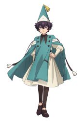  1girl agott_arklaum_(tongari_boushi_no_atelier) artist_request black_hair black_leggings closed_mouth full_body hand_on_own_hip hat hat_tassel highres leggings long_sleeves looking_at_viewer official_art qifrey's_atelier_apprentice_uniform reverse_trap shoes short_hair solo standing tomboy tongari_boushi_no_atelier transparent_background violet_eyes 