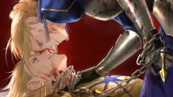  1boy 1girl absurdres armor armored_dress artist_request artoria_pendragon_(fate) blonde_hair blood blood_on_armor blood_on_clothes blood_on_face chain chain_around_neck chained chinese_commentary commentary_request commission dress earrings face-to-face fate/stay_night fate_(series) gilgamesh_(fate) green_eyes hand_on_another's_neck highres holding holding_chain jewelry looking_at_another lying on_back open_mouth profile red_background red_eyes saber_(fate) second-party_source smile updo 