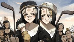  6+girls :o animal_ears bandaid bandaid_on_face bandaid_on_nose bird black_hair blonde_hair blue_eyes brown_hair bunny_nun_(diva) chicken clumsy_nun_(diva) commentary diva_(hyxpk) duck english_commentary freckles freckles_nun_(diva) froggy_nun_(diva) grey_hair helmet highres hockey_mask hockey_stick injury little_nuns_(diva) mask mole mole_under_mouth multiple_girls nun rabbit_ears smug_nun_(diva) snow star_nun_(diva) star_ornament strict_nun_(diva) traditional_nun triangle_mouth 