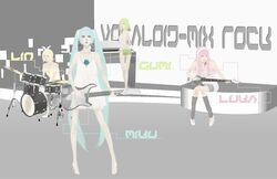  4girls aqua_hair bass blonde_hair blue_eyes bow drums flower glasses guitar gumi hairband hatsune_miku high_heels instrument kagamine_rin leg_warmers lips long_hair looking_back megurine_luka multiple_girls open_mouth piano pink_hair short_hair short_shorts smile twintails very_long_hair vocaloid white_dress 